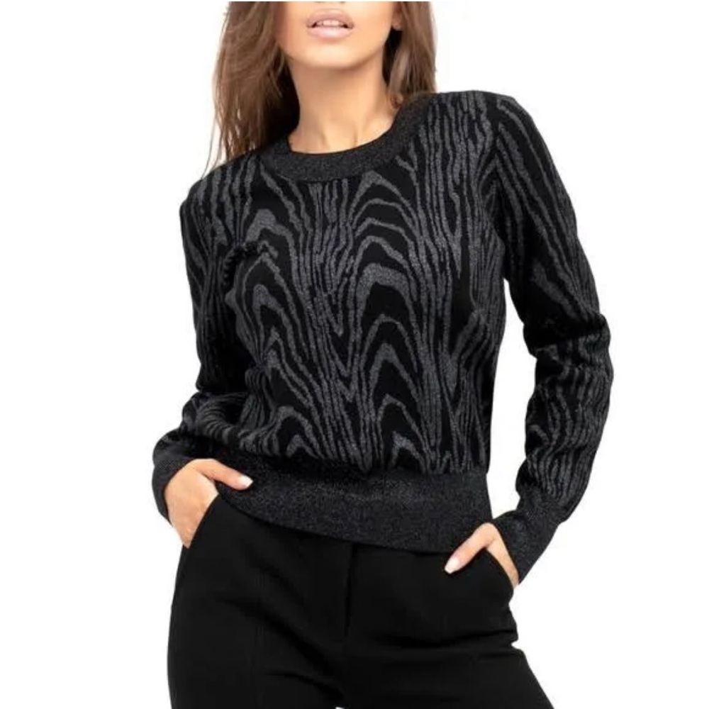 A.L.C. Jesper Metallic Knit Animal Print Crewneck Sweater Black/Silver Size XS